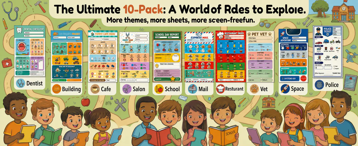 Overview of all ten pretend play notepad themes